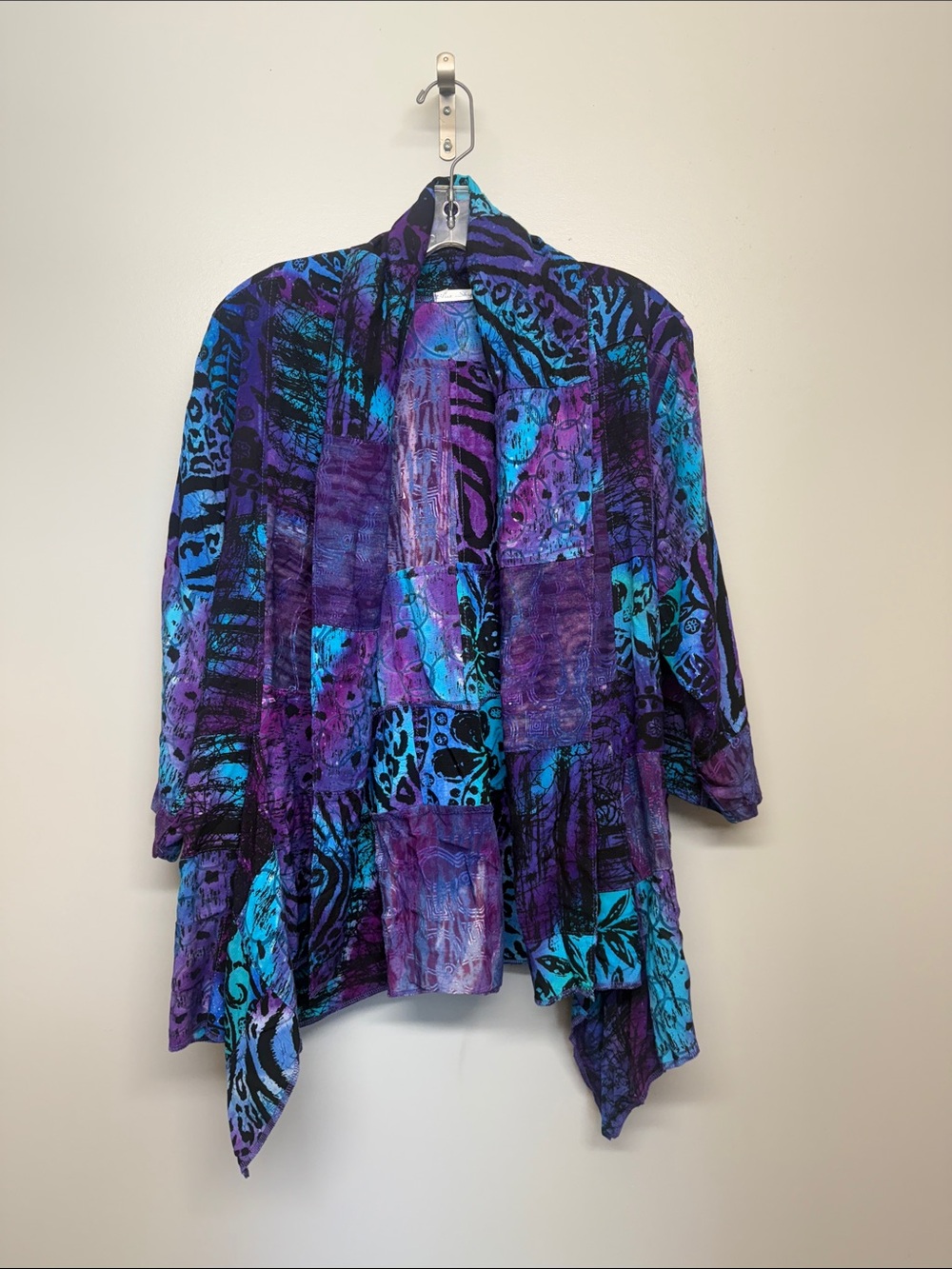 Blue Sky Purple and Teal Animal Print Patchwork Open Cardigan